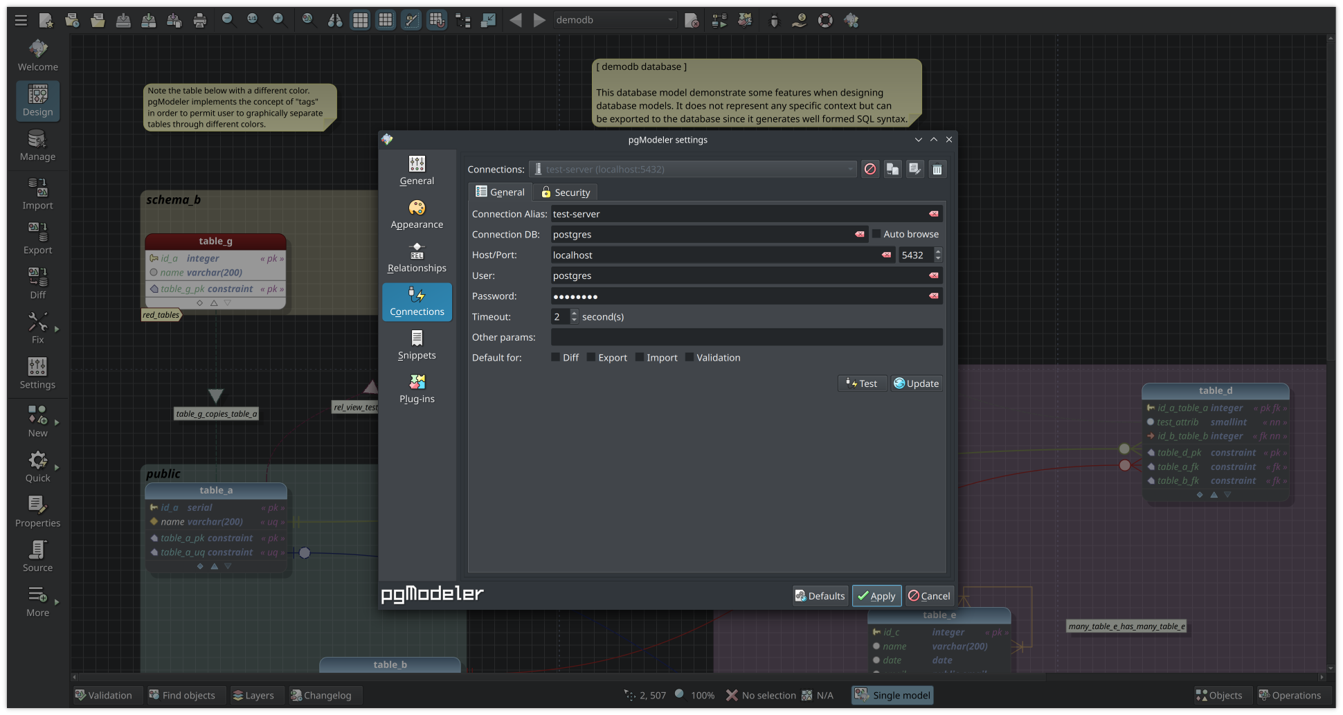 Quickly configure connections to use in validation, export, import, diff, and management.